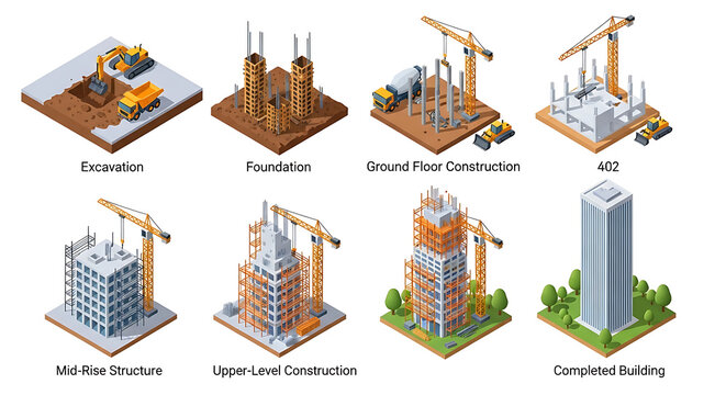 Isometric construction development stages and building process with real estate construction building isometric development architecture infrastructure engineering industry planning progress