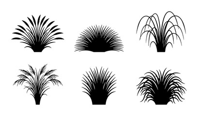Black Silhouette Grass Clumps, Stylized Bushy Plants, Decorative Vegetation Elements, Garden Foliage Icons, Nature Landscape Accents © Tanvir