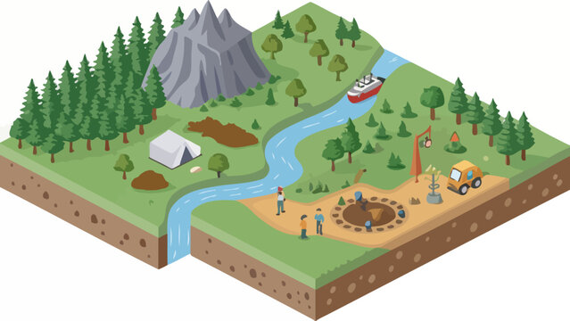 Isometric outdoor landscape split section with river and mountain camping area cross section isometric landscape mountain outdoors adventure riverbank recreation environment geography