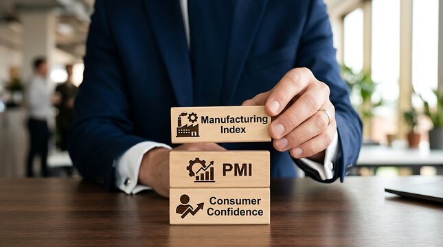 Business professional balancing blocks representing economic indicators like PMI and consumer confidence