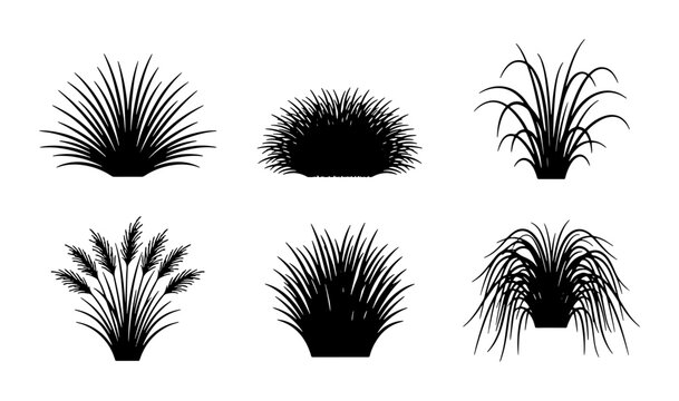 Set of 6 Black Silhouette Grass Clumps, Vector Plant Icons for Landscape Design, Garden Elements, Nature Graphics