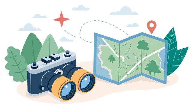 Travel planning concept with vintage camera and folded paper map showing route planning adventure exploration navigation photography vacation destination outdoors lifestyle sightseeing