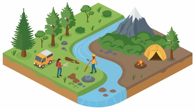 Isometric illustration of couple camping in mountain landscape with river tent campfire and forest landscape adventure mountain isometric recreation vacation wilderness exploration lifestyle