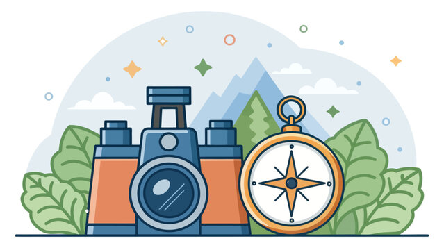 Exploration concept with vintage camera and navigation compass in natural forest setting exploration navigation adventure photography outdoors vacation discovery equipment lifestyle traveler