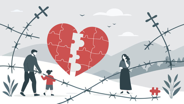 Divorce concept illustration showing family separation with broken heart puzzle and barbed wire barrier separation conflict relationship parenting marriage difficult struggle heartbreak