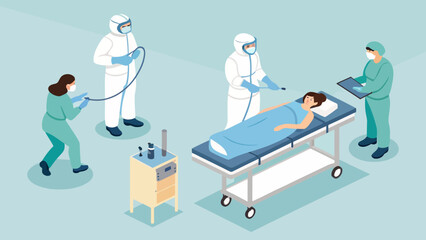 Fototapeta premium Medical personnel in protective gear treating patient in hospital with hospital treatment emergency protective healthcare isometric medicine coronavirus pandemic infection clinical recovery