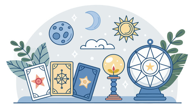 Mystical tarot card reading and divination illustration with mystical divination esoteric spiritual astrology prediction illustration horoscope esoterica superstition spiritualism celestial