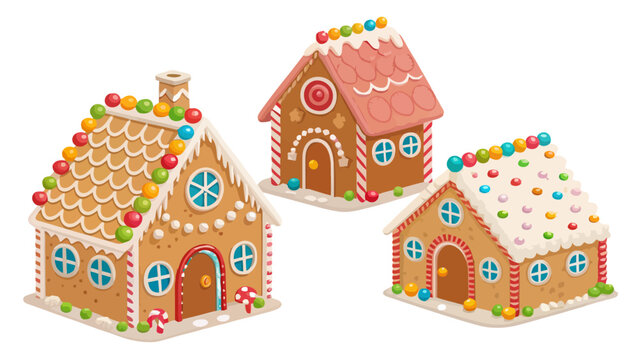 Set of decorative christmas gingerbread house illustrations with gingerbread christmas decoration frosting celebration architecture miniature isolated illustration seasonal colorful