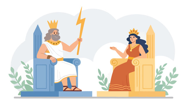 Greek mythology god and goddess sitting on thrones holding lightning bolt and scepter illustration with mythology lightning character majestic illustration strength folklore historical