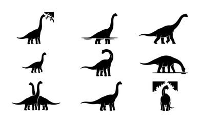Dinosaur Silhouettes Collection, Prehistoric Brontosaurus Icon Set, Ancient Reptile Vector Graphics, Jurassic Era Creature Illustrations © Lubna