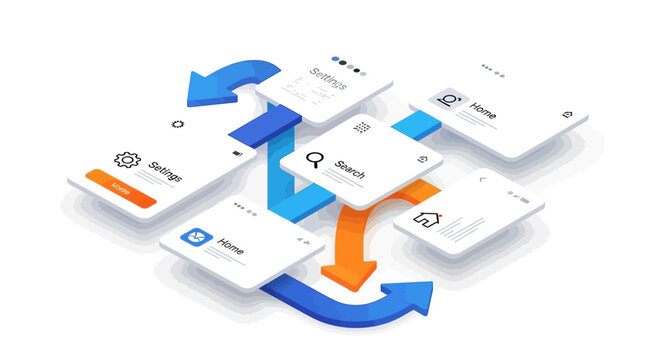 A collection of web pages with arrows.