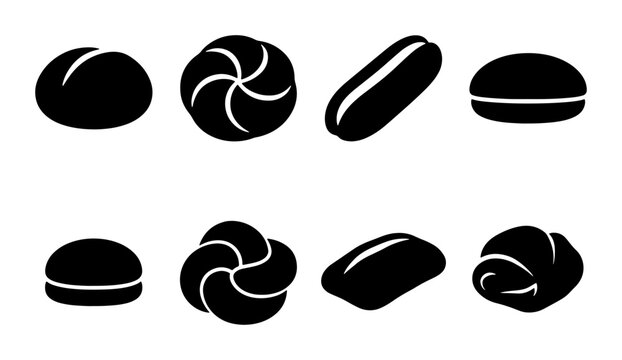 Set of 8 Black and White Bread Icons, Bakery Vector Graphics, Assorted Pastry Shapes for Food Service and Culinary Design