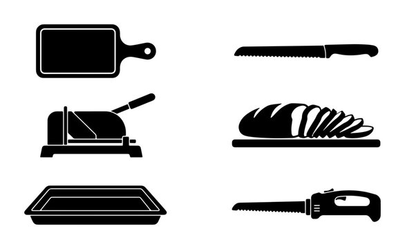 Kitchen Utensils and Food Preparation Tools Vector Icons: Cutting Board, Slicer, Bread Knife, Electric Saw, Tray