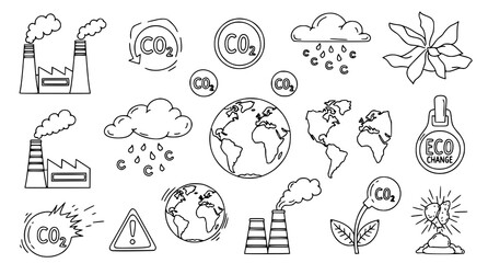 Obraz premium Eco friendly and carbon neutral concept hand drawn icon set with environment