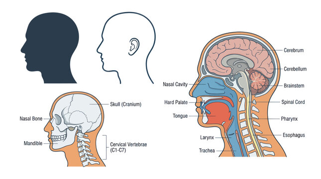 Human head and neck anatomy with skull and brain cross section