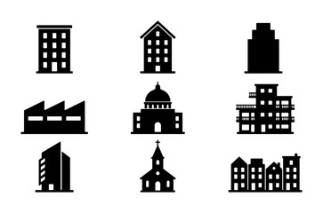 Fototapeta premium Modern and Classic Building Icons Set, Diverse Architecture Silhouettes for Urban Design and Cityscape Graphics, Vector Collection