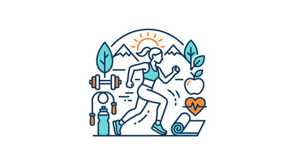 Obraz premium Active woman jogging with fitness icons.