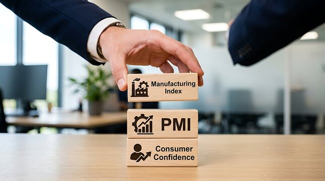 Business professionals stacking blocks representing economic indicators like PMI and consumer confidence