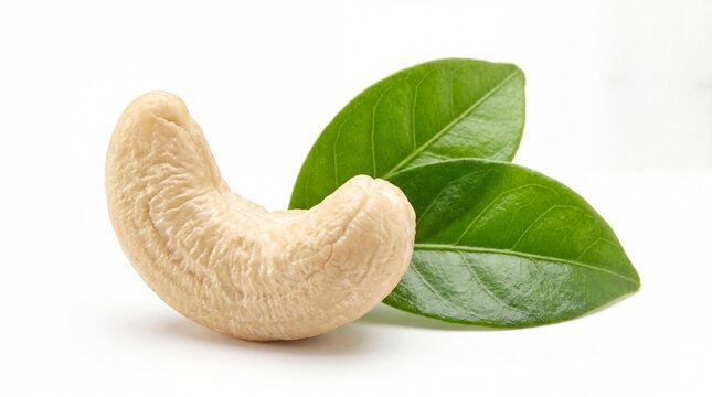 Single raw cashew nut with green leaves isolated on white background