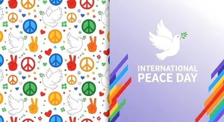 Fototapeta premium International Peace Day graphic with doves peace signs and rainbow stripes International Peace Day