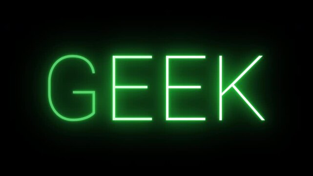Flickering neon green glowing geek sign animated black background.