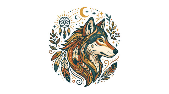 Artistic wolf head portrait with bohemian floral ornaments