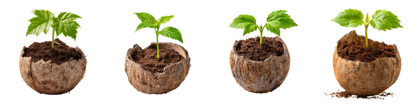 Four green seedlings growing out of coconut shells on transparent background