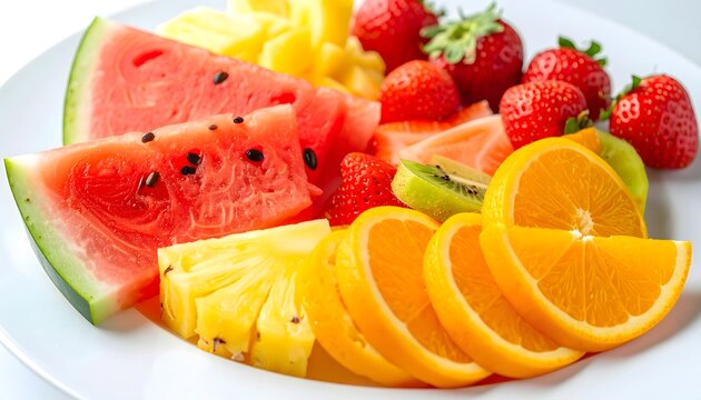 Plato de frutas frescas variadas con sand&iacute;a, pi&ntilde;a, naranja, kiwi y fresas sobre fondo claro
