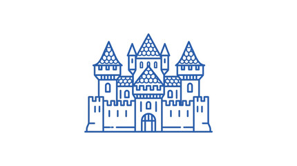 Blue line art illustration of a medieval fortress castle. © fardo