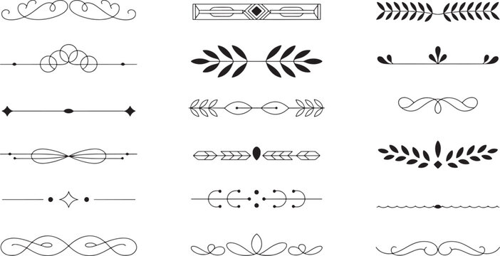 Decorative dividers and ornaments in black line on white background artistic border calligraphy