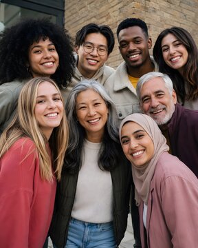 Diverse group of corporate business professionals smiling together, multiethnic colleagues in office meeting, successful teamwork and community concept.