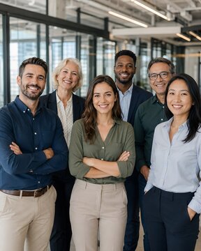 Diverse group of corporate business professionals smiling together, multiethnic colleagues in office meeting, successful teamwork and community concept.