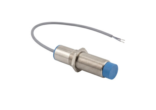 Metal proximity sensor with blue end and threaded body for industrial automation and control.