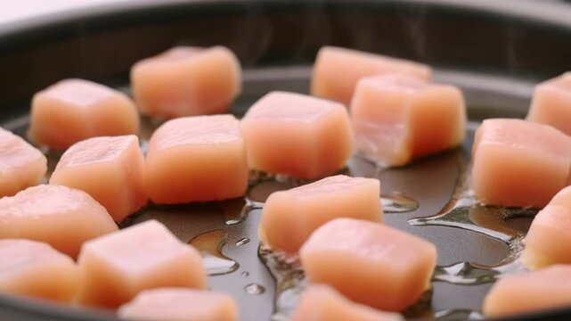 Close-up of cubed raw scallops in oiled frying pan