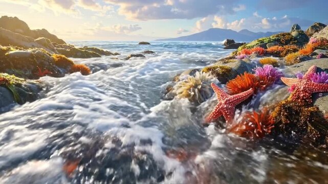 Vibrant tide pool teeming with marine life and crashing waves