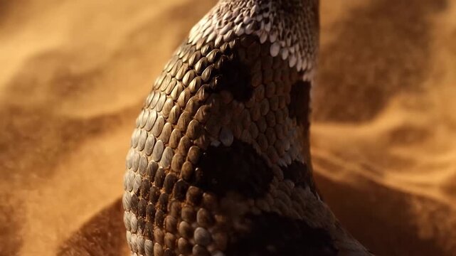 Close-up of coiled brown snake on sandy ground with textured scales