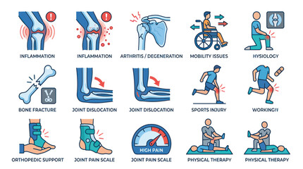 Fototapeta premium Joint pain inflammation and orthopedic medical icon set