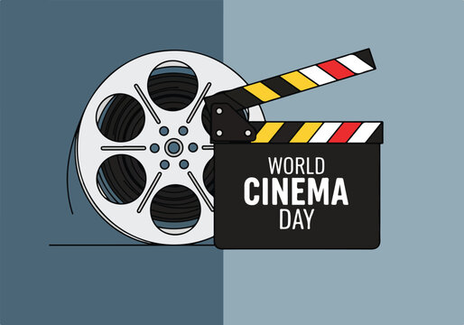 A film reel and clapper on a blue background