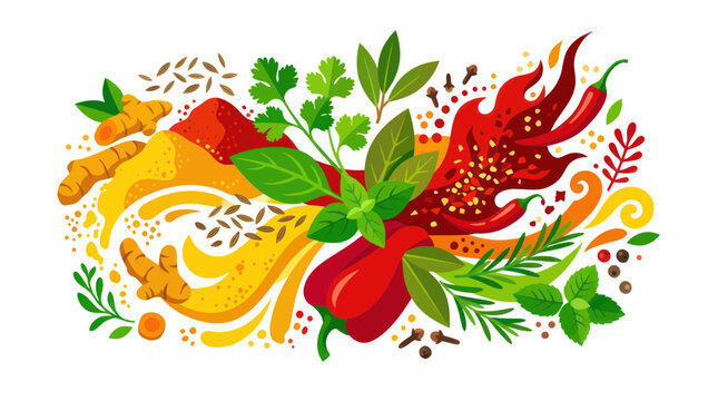 Dynamic assortment of aromatic spices herbs and red hot peppers