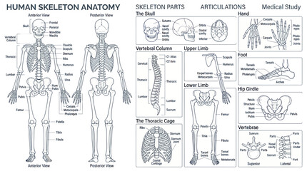 Human skeleton anatomy chart with labeled bones and medical diagrams © Angsa