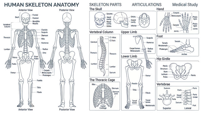 Human skeleton anatomy chart with labeled bones and medical diagrams