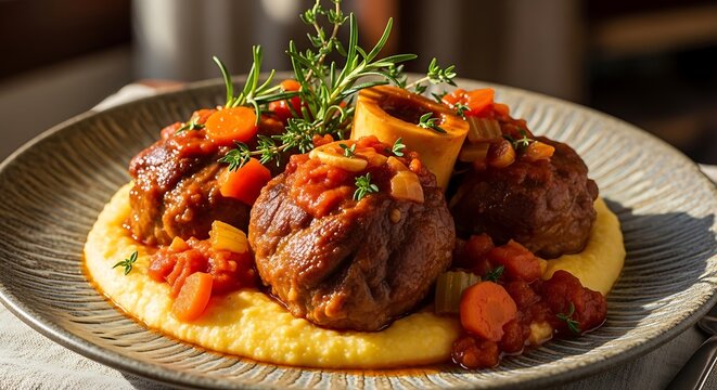 Delicious osso buco veal shank served with creamy yellow polenta on a plate. veal osso bucco