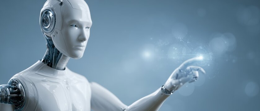 intelligent humanoid machine interacting with futuristic holographic technology interfaces
