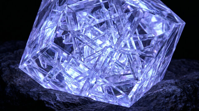 内部が発光する結晶構造に完全に置換された高純度な多面体仮晶の抽象CG背景素材