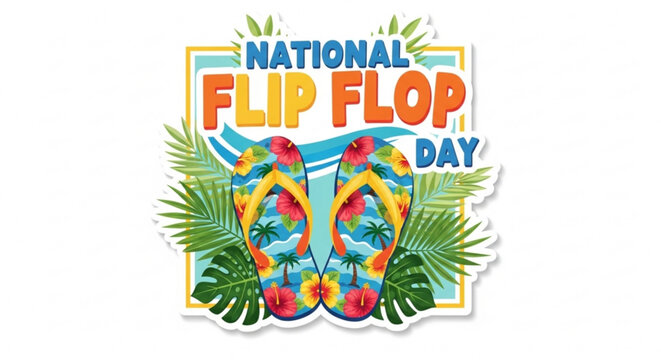 National Flip Flop Day, colorful flip flops, tropical leaves, summer holiday icon, vector illustration
