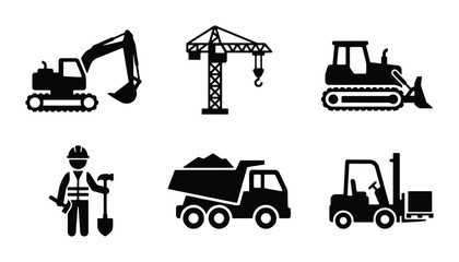 Construction Icons Set: Excavator, Crane, Bulldozer, Worker, Dump Truck, Forklift © Farjana