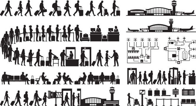 Airport terminal silhouette set with passengers waiting in line, security check, luggage, and building exterior vector illustration