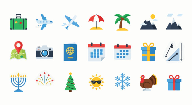 A collection of 20 flat icons representing travel and holidays