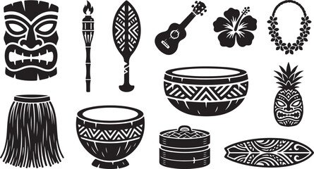 Set of hawaiian and tropical icons including tiki mask, ukulele, hibiscus flower, lei, pineapple and surfboard © Lutfar_Rahman