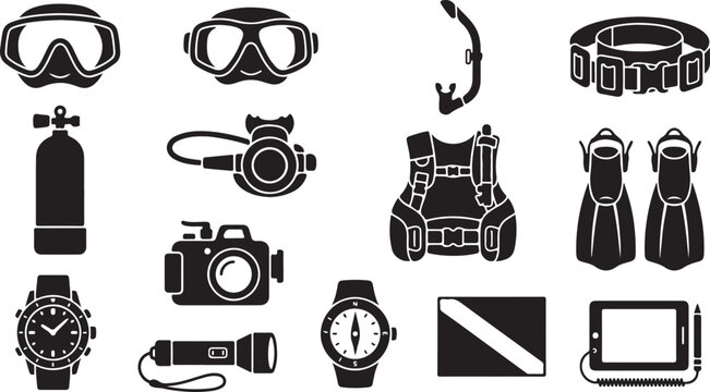 Set of scuba diving equipment icons, including mask, snorkel, fins, oxygen tank, regulator, and accessories